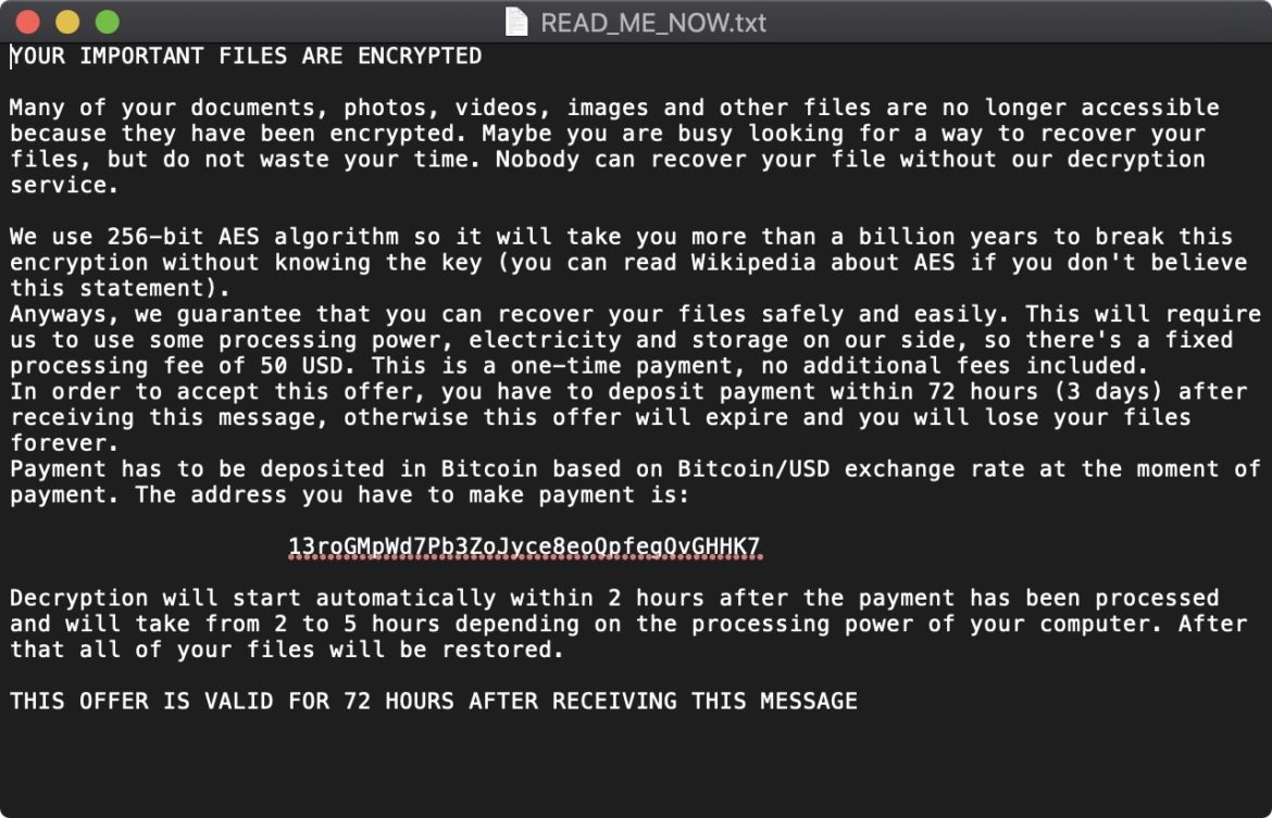 Ransomware message, asking for 50 USD via bitcoin